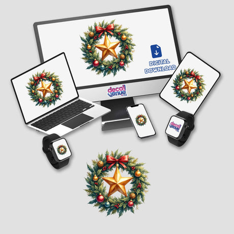 Sparkling Star Ornament in a Christmas Wreath displayed on a computer monitor and laptop screen, available as stickers or digital artwork, highlighting festive themes from Decal Venue's unique collection.