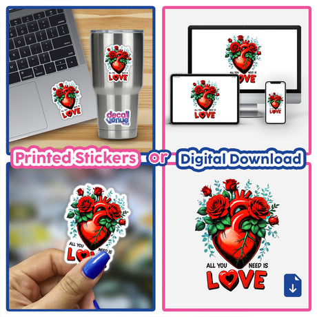 Collage featuring All You Need Is Love stickers, showcasing a heart with roses on a laptop and a hand holding similar heart-themed stickers, available as vinyl decals or digital art.