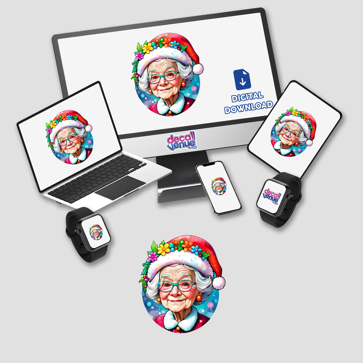 Santa Granny: Kawaii Watercolor digital artwork displayed on a computer monitor, laptop, phone, and smartwatch, all featuring a cartoon of an old woman in a Santa hat.