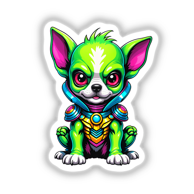 Cute Puppy From Outer Space: A whimsical cartoon dog face with green eyes and pink lips, available as unique stickers or digital artwork.