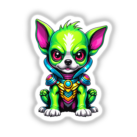 Cute Puppy From Outer Space: A whimsical cartoon dog face with green eyes and pink lips, available as unique stickers or digital artwork.