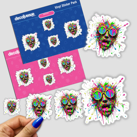 Neon Psychedelic Splatter Face sticker featuring a vibrant design with dripping paint and abstract face elements, available as a sticker or digital artwork from Decal Venue.