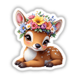 Delicate Fawn Wearing a Flower Crown, featuring a cartoon animal adorned with flowers on its head, available as unique stickers or digital artwork from Decal Venue.