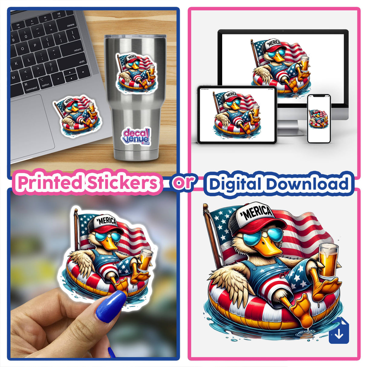 Duck American Flag Float Merica sticker featuring a cartoon duck in sunglasses and a hat, holding a beer, and floating with a flag. Available as stickers or digital artwork.