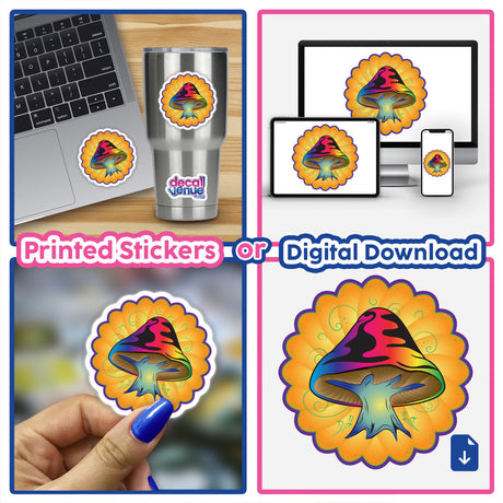 Rainbow Mushroom - Vibrant digital artwork featuring a psychedelic mushroom design, available as printed stickers or digital downloads from the Decal Venue store.