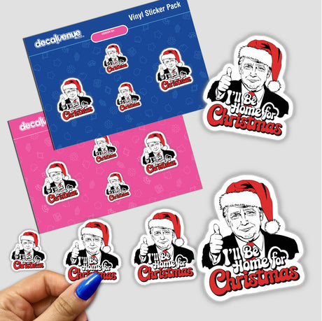 Sticker titled Trump in Santa Hat, I'll be home for Christmas MAGA IV, depicting a cartoon of a man in a Santa hat, available as a sticker or digital artwork.