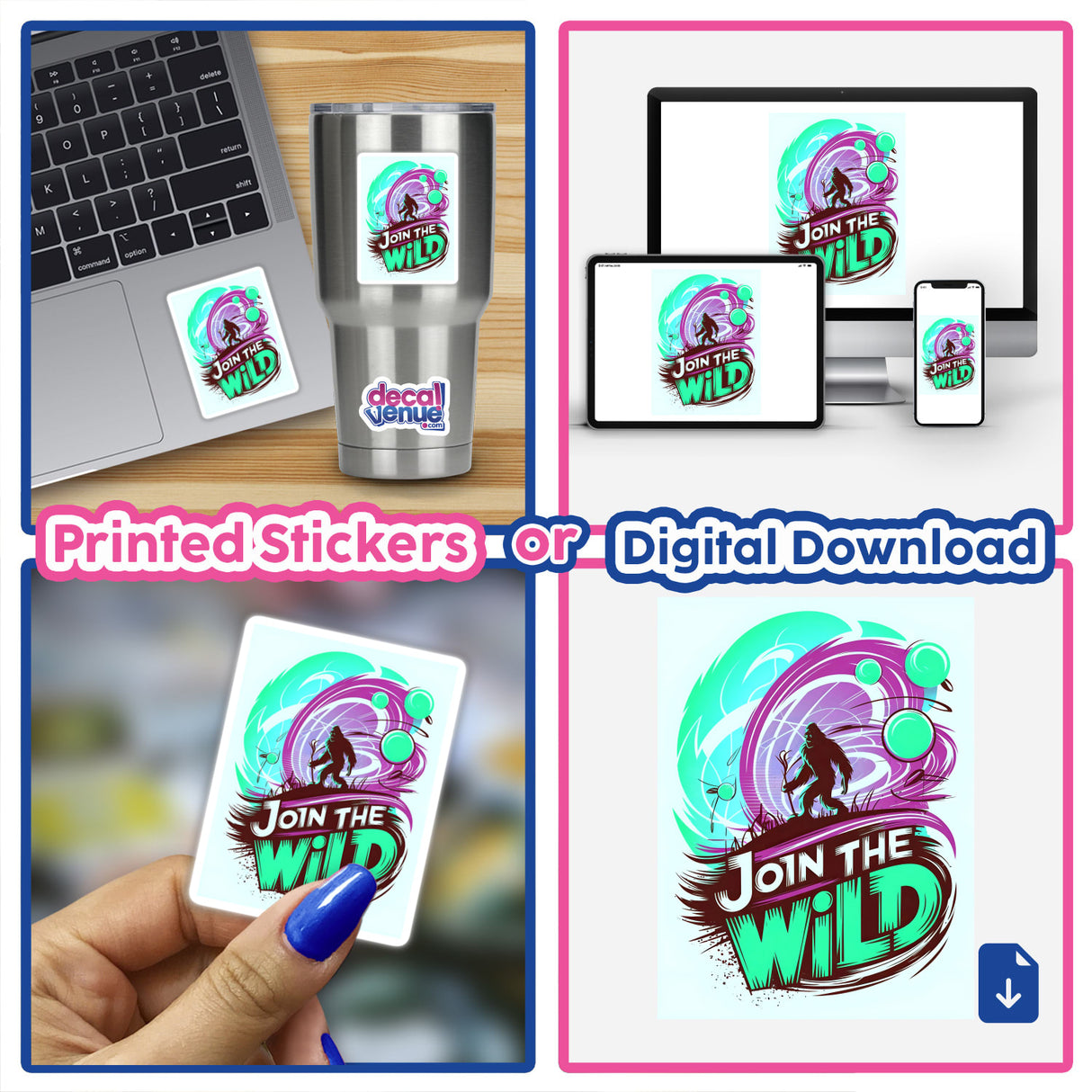 Join The Wild With Bigfoot sticker, featuring a graphic design of Bigfoot on a laptop. Available as a sticker or digital artwork, highlighting Decal Venue's unique collection.