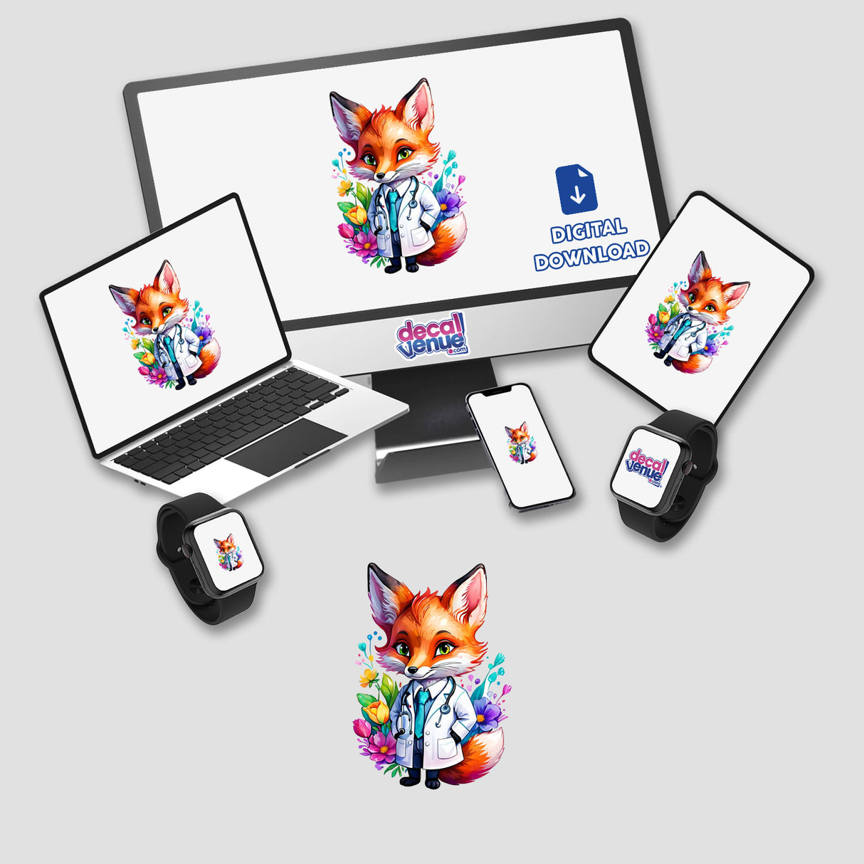 Foxy Physician: Cute Fox Doctor depicted on multiple devices, including a laptop, monitor, and smartwatch, available as stickers or digital artwork.