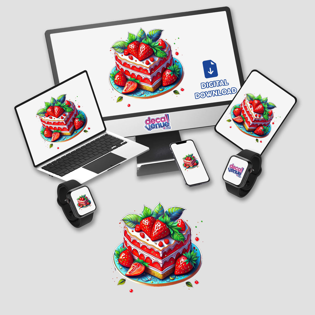 Vibrant strawberry dessert with cake, berries, and leaves displayed on various digital devices from the Decal Venue store.