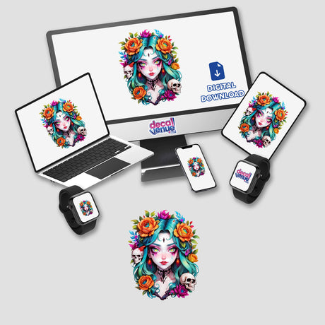 Cosmic Enchantress Halloween Skulls: Anime Portrait Sticker Design showcased on a computer monitor and laptop, displaying a cartoon woman with flowers and skulls, available as stickers or digital artwork.