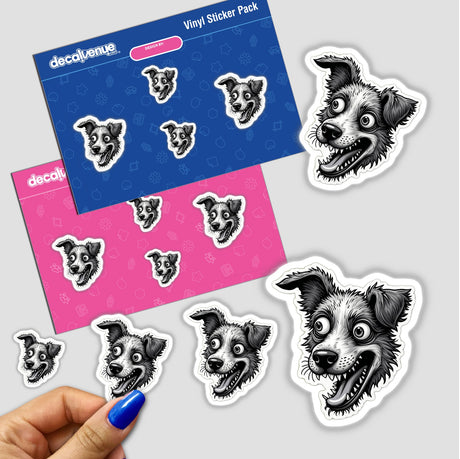 Mil e um Dentes stickers featuring various dog faces, available as stickers or digital artwork.