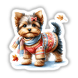 Time for Sweater Season Yorkie Dog, featuring a cartoon Yorkie wearing a cozy sweater and scarf. Available as stickers or digital artwork.