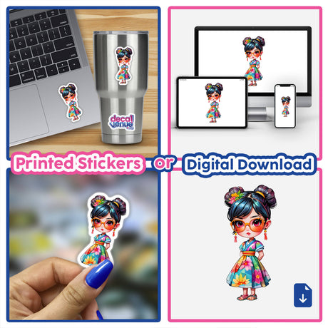 Cute Japanese Girl Sticker featuring a kawaii girl in glasses and kimono, available as stickers or digital artwork. The collage includes a computer, laptop, and various cartoon images.