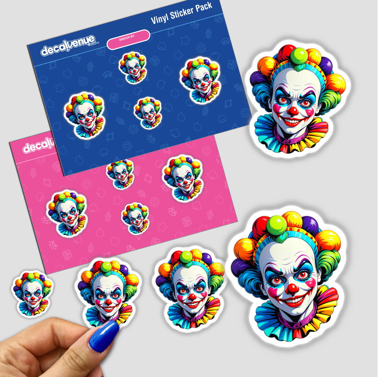 A Crazy Clown Girl sticker pack featuring various cartoon clown faces with colorful hair, showcasing unique and playful designs, perfect for stickers or digital artwork.