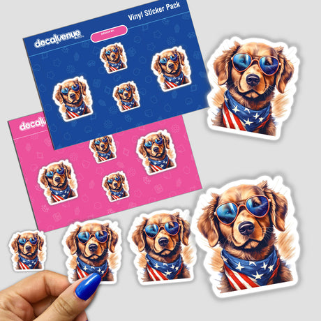 Patriotic dog digital artwork stickers featuring a golden retriever with sunglasses in a patriotic bandana, displayed on a Decal Venue product packaging.