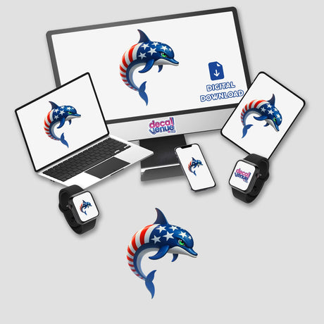 A Cool American Flag Dolphin design displayed on a computer monitor and laptop, showcasing digital artwork available as stickers. The dolphin features stars and stripes, embodying a unique and patriotic theme.