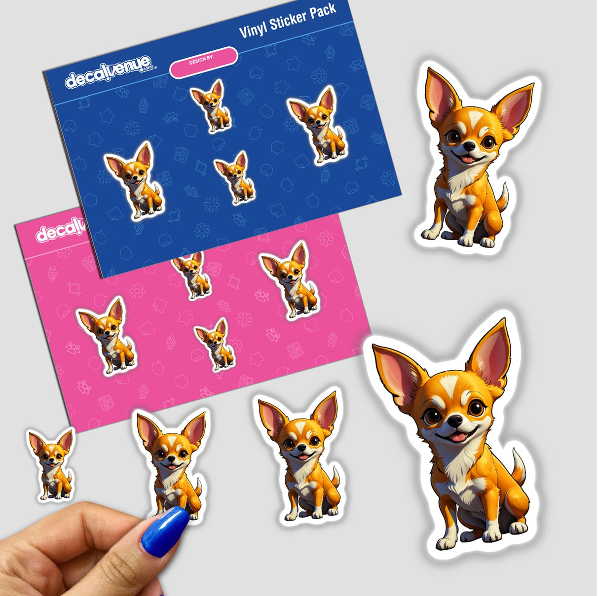 A Cute Chihuahua sticker pack featuring adorable cartoon dogs with big ears, available as physical stickers or digital artwork from Decal Venue.