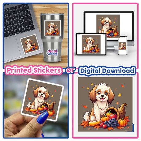 Thanksgiving Havanese Sticker & Clipart featuring a cartoon dog with a cornucopia, available as stickers or digital artwork.