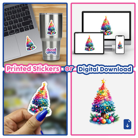 Rainbow-Colored Christmas Tree with Ornaments collage featuring stickers on laptops and cups, ideal for festive decor or digital art from Decal Venue.