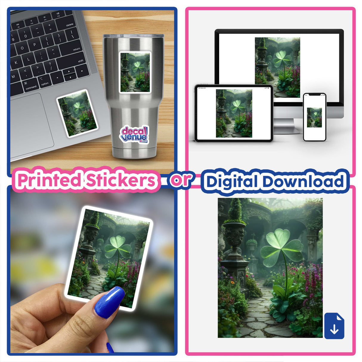 Collage featuring Mystical Shamrock – Dew-Kissed Clover in an Enchanted Garden, depicted on a silver mug. Highlights include a close-up of a hand holding a clover photo, laptops, and plants.