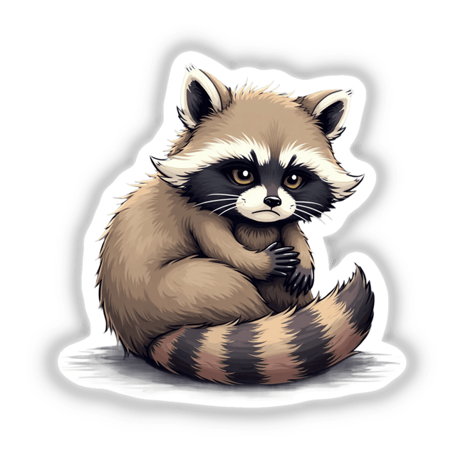 Adorable Raccoon Sitting with Grumpy Expression, depicted in a cartoon style, available as stickers or digital artwork. The raccoon is seated with a furrowed brow, conveying a humorous, grumpy look.