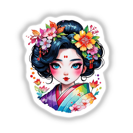 Charming Geisha: Adorable Sticker Design featuring a cartoon woman with flowers in her hair, blue eyes, and a kimono. Perfect as stickers or digital artwork from Decal Venue.