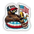 Patriotic eagle wearing 'Merica hat, holding American flag and beer, floating on inner tube