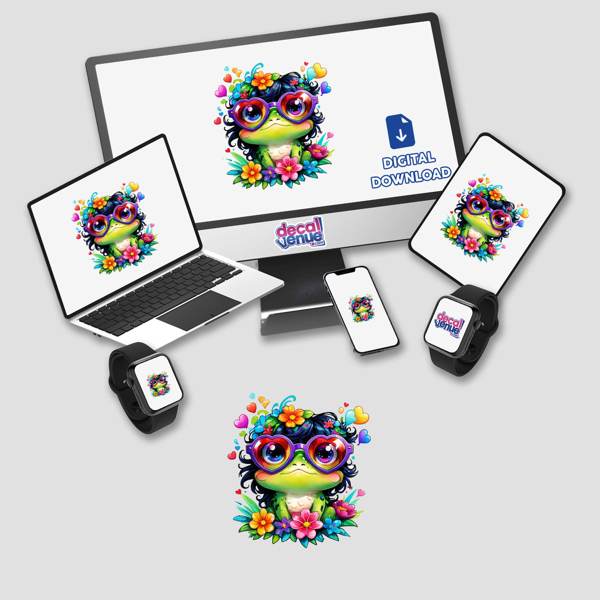 Frog with Heart-Shaped Glasses on a computer monitor and laptop screens, available as stickers or digital artwork.