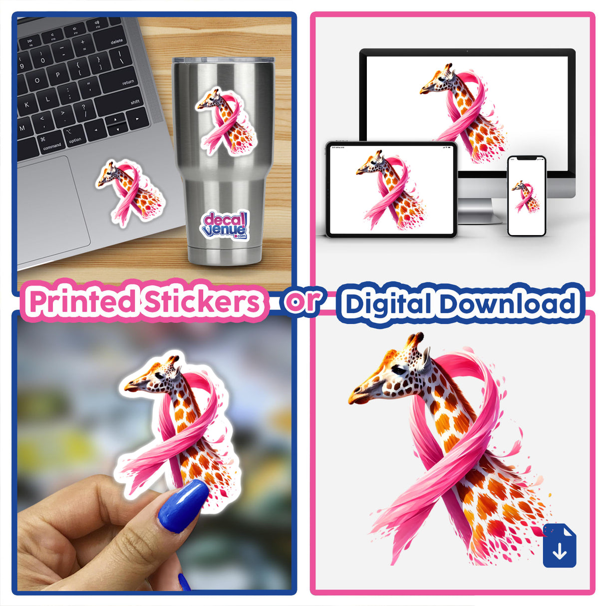 Giraffe Pink Ribbon Breast Cancer stickers and digital artwork collage featuring giraffes with pink ribbons and a giraffe sticker on a laptop keyboard.