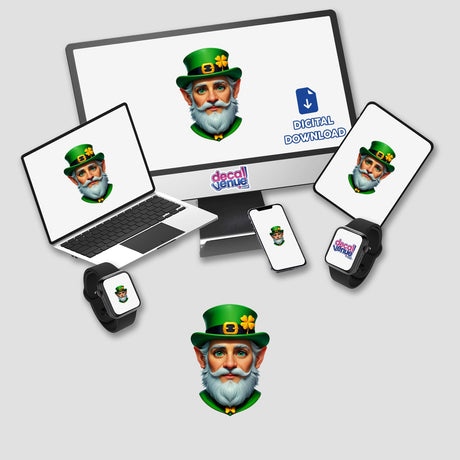 St. Patrick's Day Leprechaun digital artwork featuring a cartoon leprechaun face on a computer monitor and laptop, available as stickers or downloads, ideal for festive decorations.