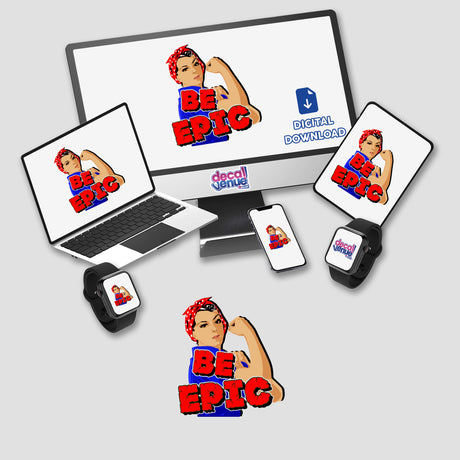 Be Epic digital artwork featuring a cartoon woman flexing her arm, available as stickers or digital downloads, perfect for enhancing devices like laptops and smartwatches from Decal Venue.