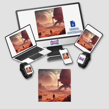 Visit To Mars digital artwork displayed on various devices including a laptop, tablet, and smartwatch, showcasing detailed space-themed graphics and available as stickers or digital downloads.