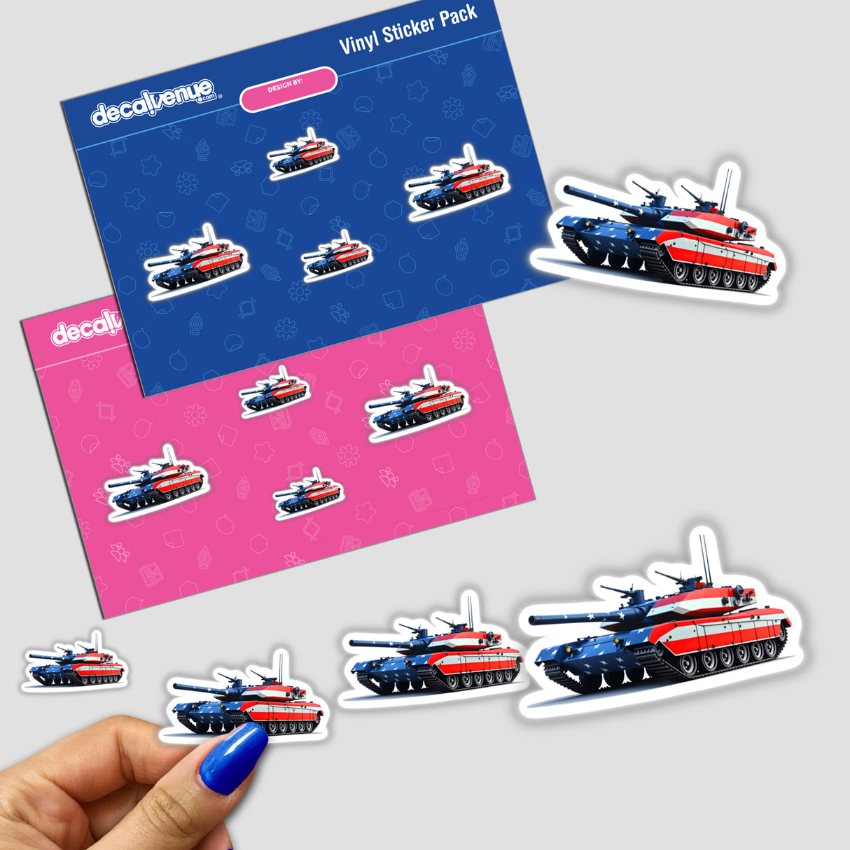 Sticker pack featuring 'A Cool American Flag Army Tank', showcasing tanks with stars and stripes designs. Available as stickers or digital artwork, highlighting unique military-themed visuals.