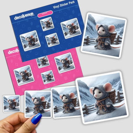 Sticker pack titled Winter Mouse featuring illustrations of mice in winter attire, such as coats and hoods, held in hand. Available as stickers or digital artwork from Decal Venue.