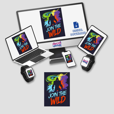 Join The Wild With Bigfoot artwork featuring a vibrant Bigfoot poster alongside gadgets like a laptop and phone, available as stickers or digital artwork from Decal Venue.