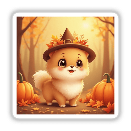 Thanksgiving Pomeranian Sticker & Clipart features a cartoon dog in a hat surrounded by pumpkins, ideal for Halloween-themed art or stickers, available with commercial rights from Decal Venue.