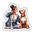 Stylish girl and loyal pitbull companion, digital artwork for sticker or decal