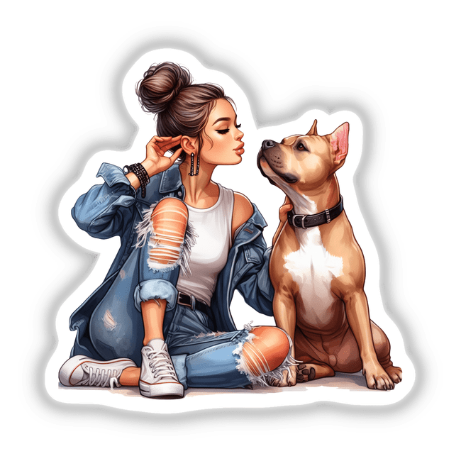 Stylish girl and loyal pitbull companion, digital artwork for sticker or decal