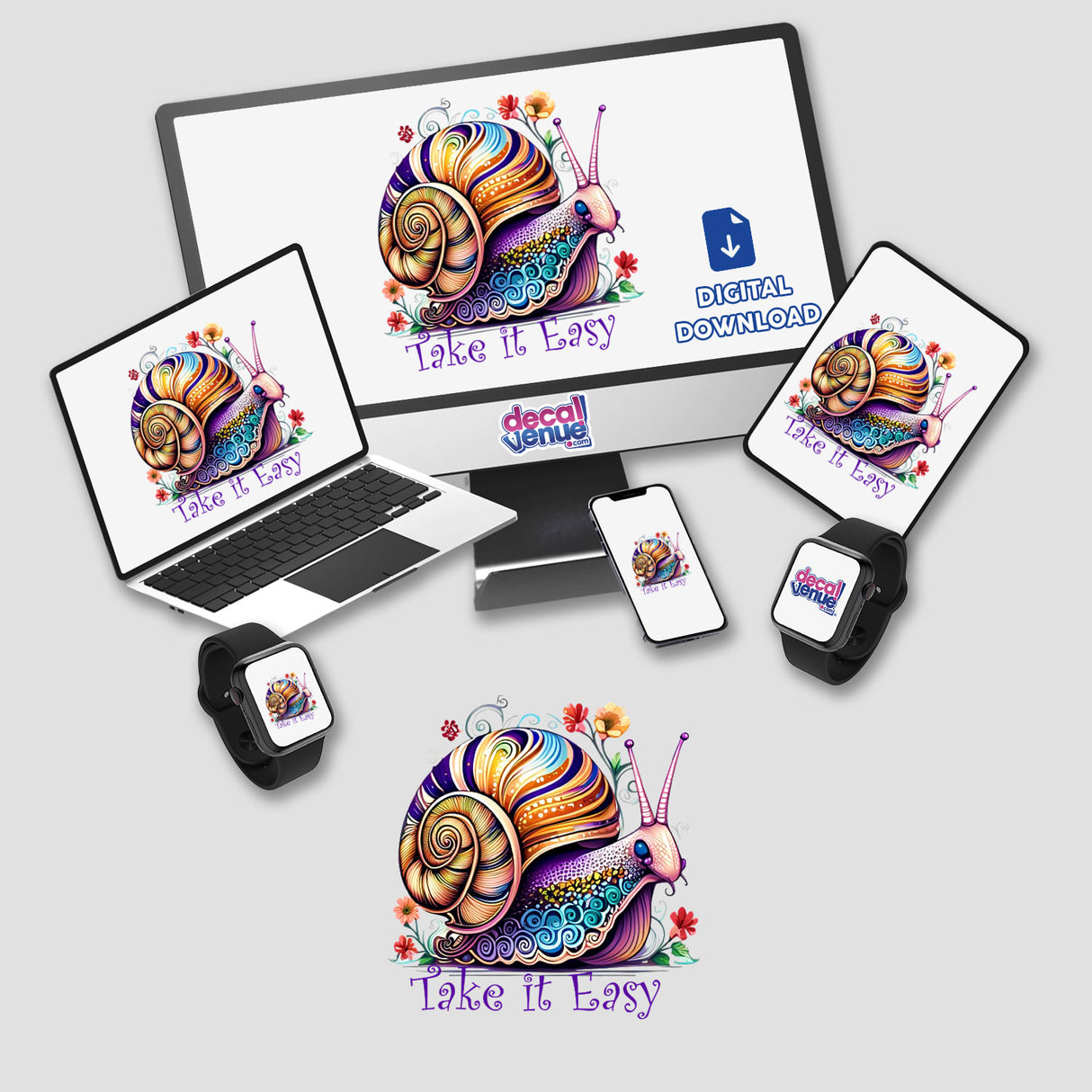 Colorful digital artwork featuring a whimsical snail image with vibrant patterns. The product name "Take it Easy" is prominently displayed. This digital download is available at the Decal Venue store, which offers unique stickers and artworks created by talented designers.