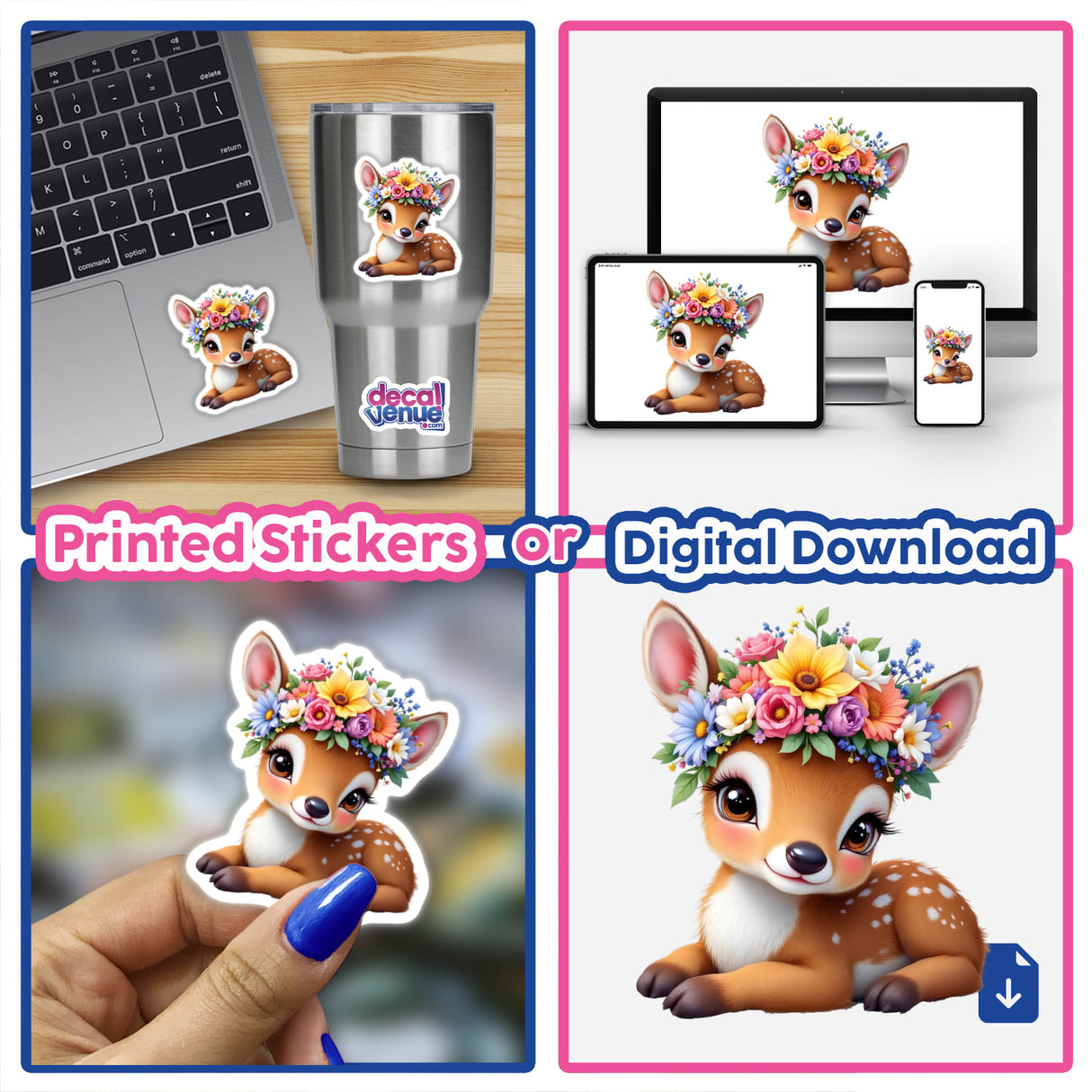 Delicate Fawn Wearing a Flower Crown: a collage showcasing cartoon deer with floral headpieces, available as stickers or digital artwork, highlighting Decal Venue's unique sticker and digital art offerings.