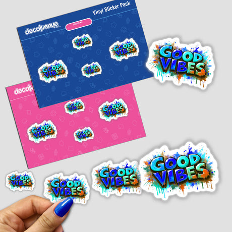 Good Vibes Graffiti Art sticker pack featuring vibrant, paint-splattered designs, ideal for personalizing surfaces. Available as physical stickers or digital artwork from Decal Venue.