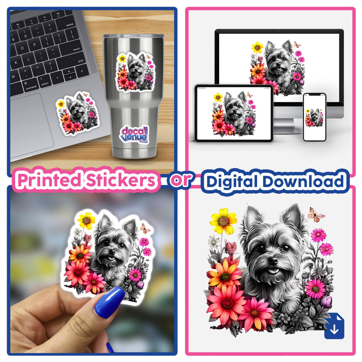 Yorkshire Terrier Yorkie Dog Portrait Floral Accents PA68