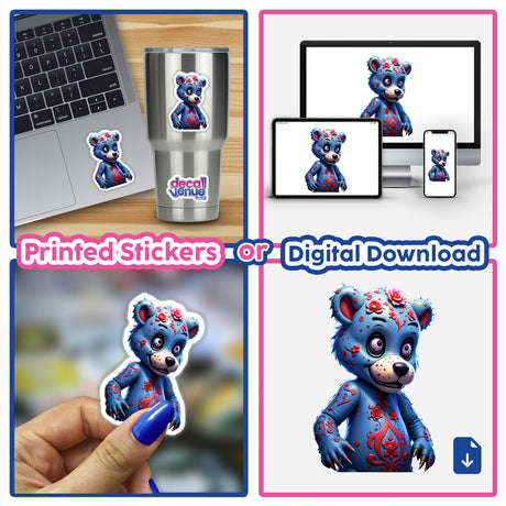 Collage featuring A Macabre Scary Bear sticker on a laptop; cartoon bear in blue suit with flowers, available as stickers or digital artwork from Decal Venue.