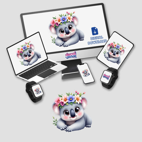 Adorable Koala with a Floral Crown displayed on a monitor and laptop, showcasing its charm as stickers or digital artwork. Koala-themed accessories seen alongside, aligning with Decal Venue's unique offerings.