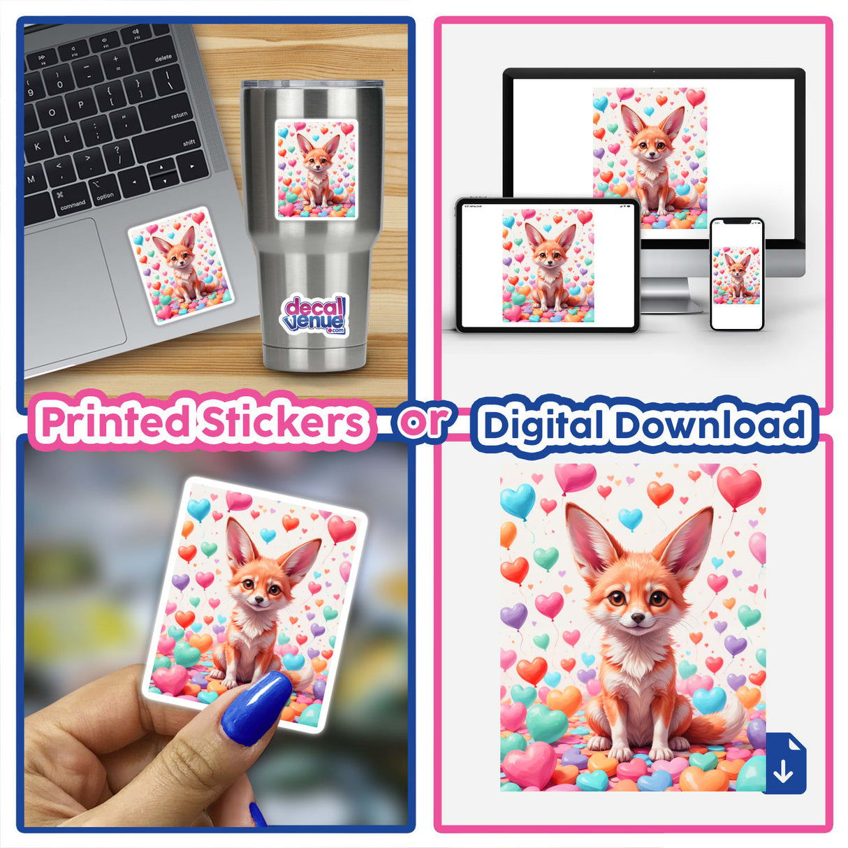 Cute Fennec Fox With Love Hearts sticker on a laptop, featuring a cartoon fox surrounded by hearts, available as a sticker or digital artwork from Decal Venue.