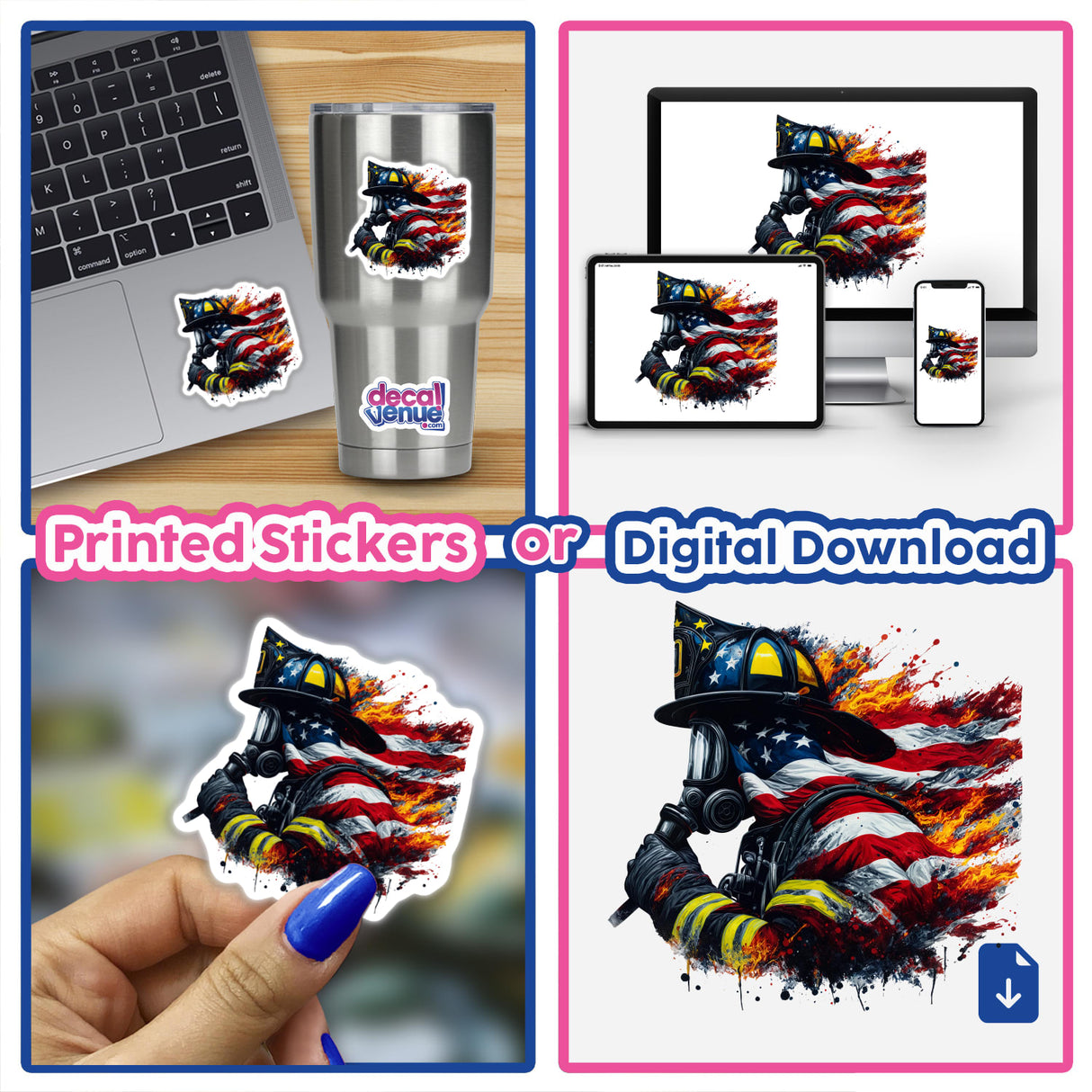 US American Flag Firefighter II - Vibrant digital artwork featuring a firefighter's helmet amid bursts of the US flag colors, available as printed stickers or a digital download.