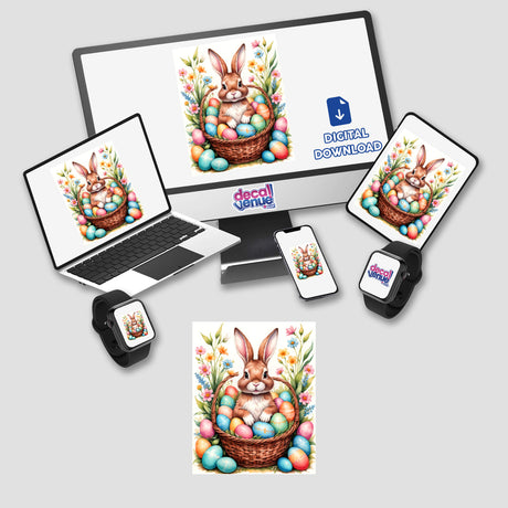 A Cute Easter Bunny in a Basket with Eggs featured on a computer monitor and laptop, available as stickers or digital artwork.