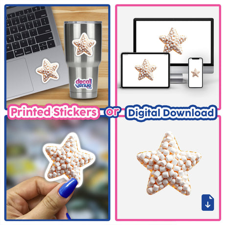 Collage featuring Marshmallow Star stickers, showcasing various star-shaped marshmallows, some held by hand or on a laptop, highlighting Decal Venue's unique sticker and digital art offerings.