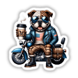 Patriotic bulldog riding motorcycle with coffee mug in digital artwork design