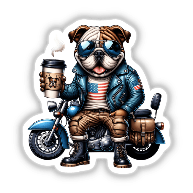 Patriotic bulldog riding motorcycle with coffee mug in digital artwork design